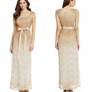 R & M Richards Women's Gold Lace Belted Cap Sleeve Gown 8